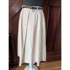 Vintage Cottage Tailor Beige Pleated Skirt With Brown Belt & Gold Chain Accent M